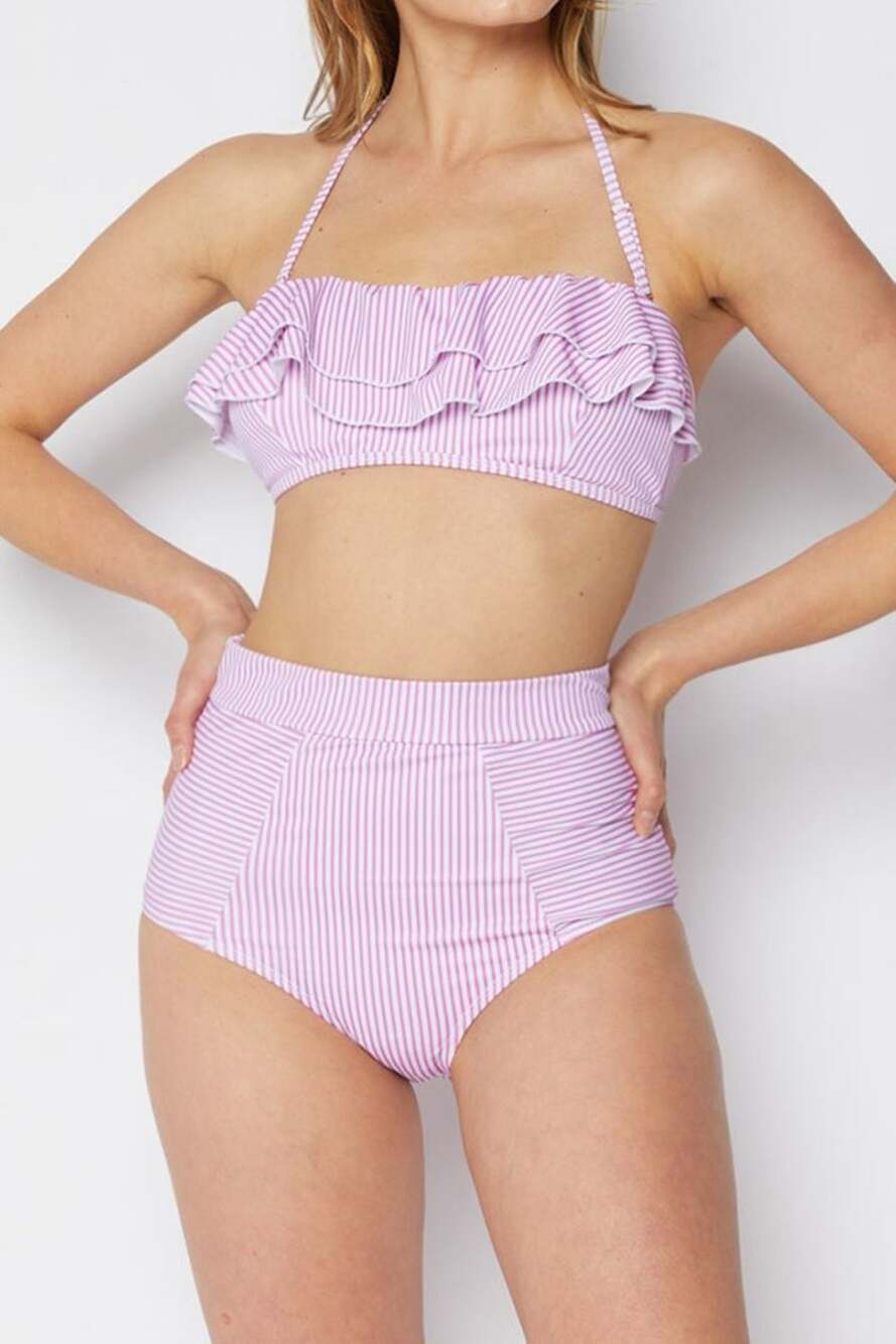 Marina West Thin Stripe Pink Ruffle High-Waisted Bikini Set, XXL